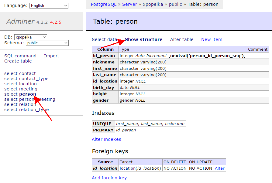 Database structure