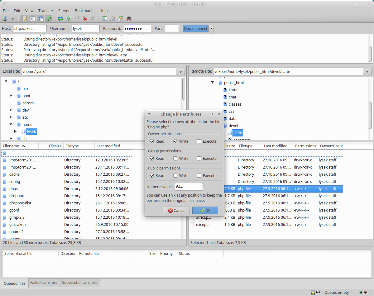 FileZilla file attributes